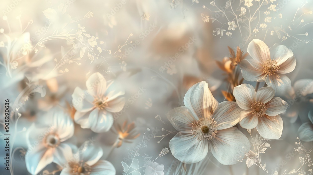 Delicate White Flowers with Silvery Outline on a Soft Gray Background Delicate White Flowers with Silvery Outline on a Soft Gray Background