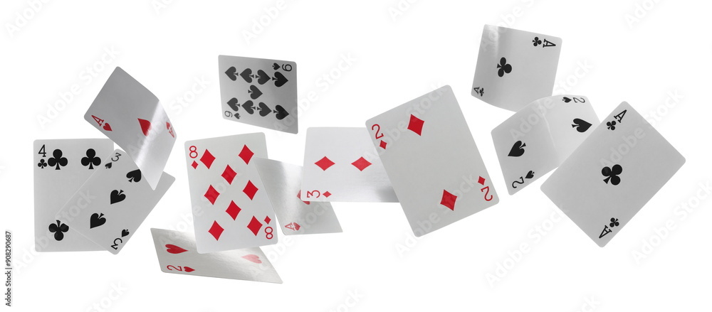 Flying playing cards for poker and gambling, deck isolated on white, clipping path Flying playing cards for poker and gambling, deck isolated on white, clipping path