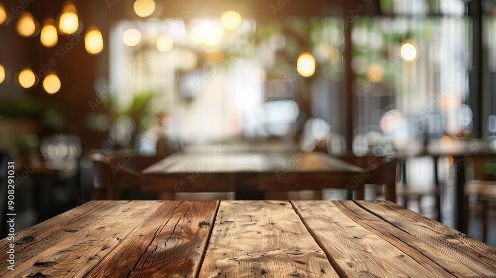 Empty wooden table with blurred soft light and bokeh in the restaurant background Empty wooden table with blurred soft light and bokeh in the restaurant background