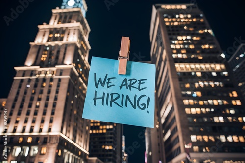 Nighttime cityscape, illuminated buildings, clock tower, WE ARE HIRING note photo