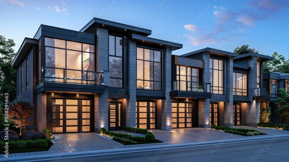 Modern townhouses with large windows. Perfect for showcasing contemporary architecture, real estate listings, or urban living. Modern townhouses with large windows. Perfect for showcasing contemporary architecture, real estate listings, or urban living.