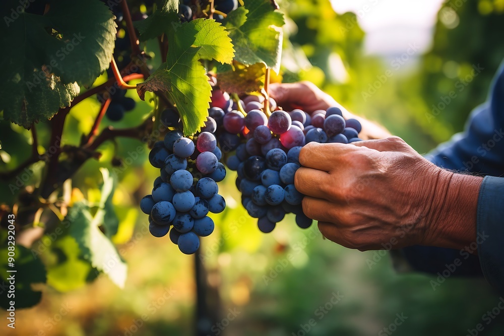 Fototapeta premium Hand picking ripe Grapes from Grapes orchard