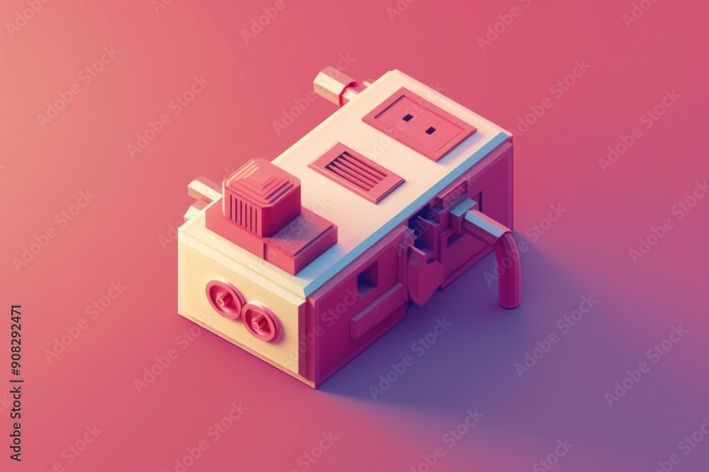 A red and white machine sits on a bright pink background A red and white machine sits on a bright pink background