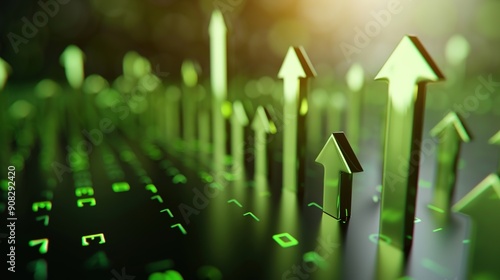 Growing Prosperity: 3D Rendering of Economic Recovery with Upward Arrows in Green Hues