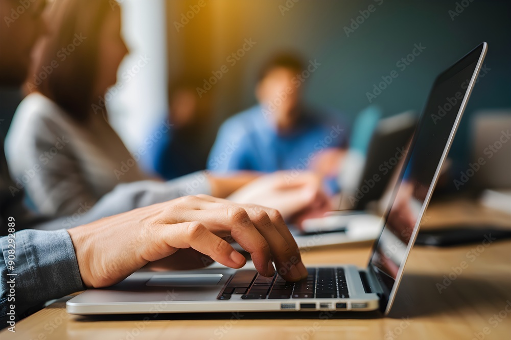 Closeup hand typing on laptop, blurred meeting or workspace background, warm lighting Closeup hand typing on laptop, blurred meeting or workspace background, warm lighting