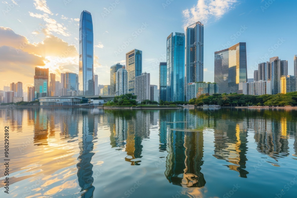 Smart City Modern Skyscraper Architecture with Reflections of Futuristic Financial District, Corporate Business Template on Blue Background with Sunlight Smart City Modern Skyscraper Architecture with Reflections of Futuristic Financial District, Corporate Business Template on Blue Background with Sunlight