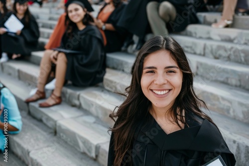 Smiling Graduate in Black Cape Holding Diploma with Classmates in the Background Posing on University Steps photo