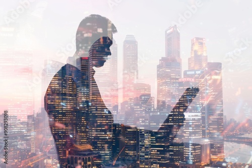 Portrait of a Businessman Working on Laptop in Office with Double Exposure of Modern Cityscape, Skyscrapers, and Urban Buildings, Representing Professionalism, Technology, and Urban Development