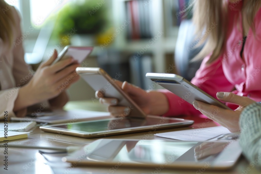 **Title:**
Close-up of businesswomen using smartphones and tablets in an office, highlighting digital tools and modern work practices. **Title:**
Close-up of businesswomen using smartphones and tablets in an office, highlighting digital tools and modern work practices.