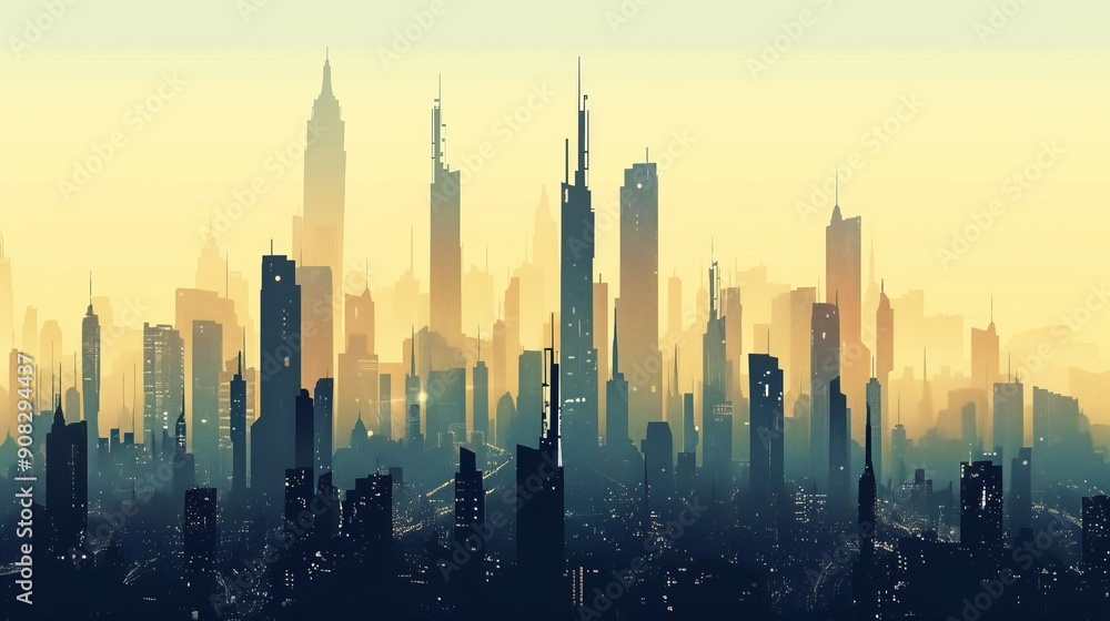 Naklejka premium Foggy Urban Skyline with Skyscrapers 1