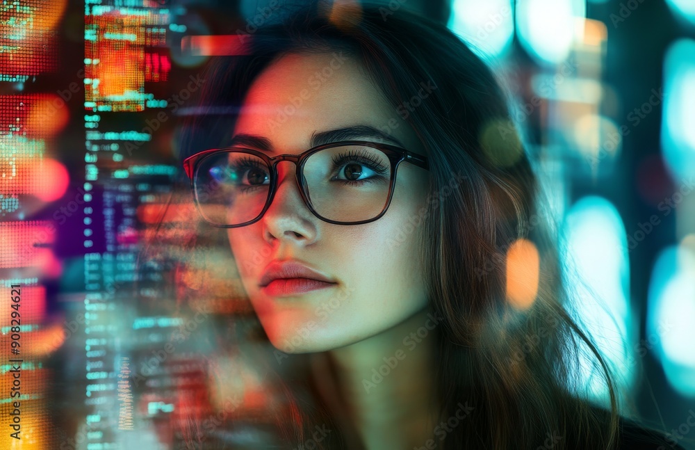 A woman with glasses is seen in front of an abstract background filled with data and code, symbolizing the field's role as both her workspace for coding. A woman with glasses is seen in front of an abstract background filled with data and code, symbolizing the field's role as both her workspace for coding.