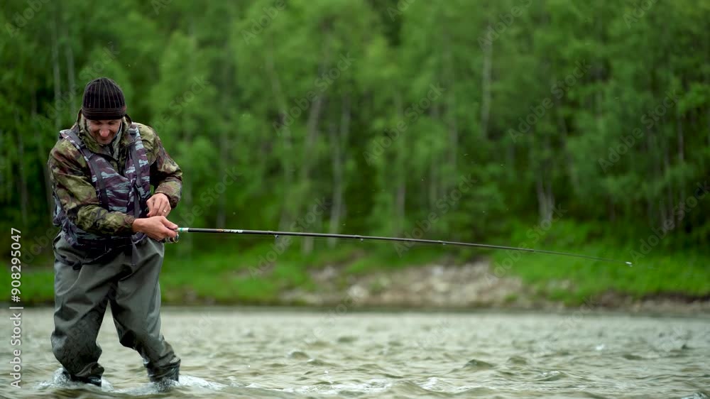 Fisherman smiling and pulling line on spinning reel Fisherman smiling and pulling line on spinning reel