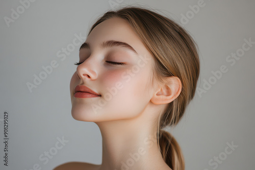 A close up of a girl's face with her eyes closed