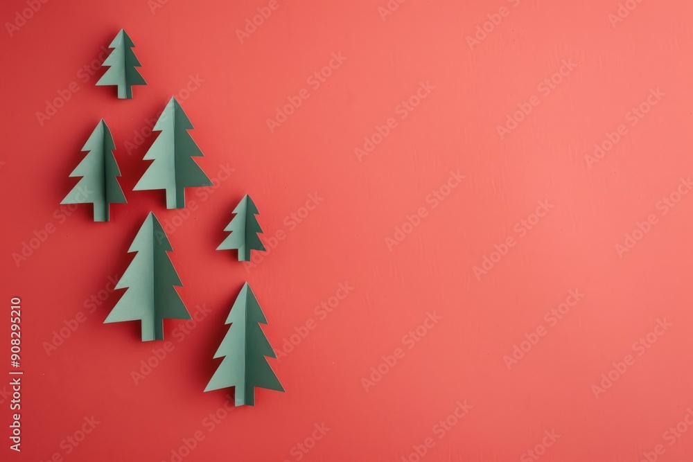 Obraz premium Paper Christmas Trees on Red Background 3
