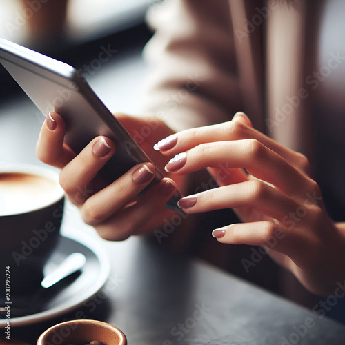 Close-up Side View of a Young Female Woman's Hands Touch Screen Using a Modern Digital Mobile Smart Phone for Chat via Online Wifi Internet Blogger Applications & Browse Text Texting Social Networks.