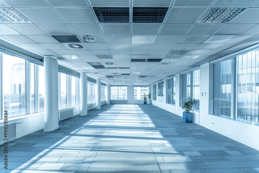 A long hallway with a single plant in the center, perfect for interior design or architecture concepts A long hallway with a single plant in the center, perfect for interior design or architecture concepts