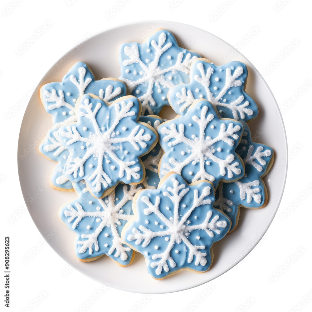 A Plate of Blue Christmas Snowflake Cookies Isolated on a Transparent Background A Plate of Blue Christmas Snowflake Cookies Isolated on a Transparent Background