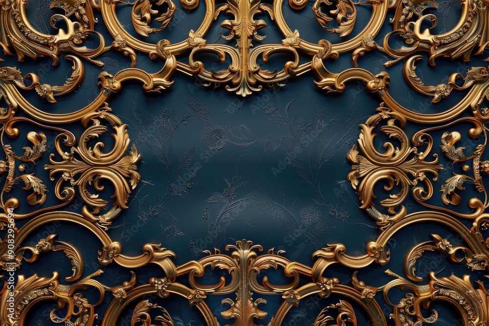A decorative gold frame sitting on a blue surface A decorative gold frame sitting on a blue surface