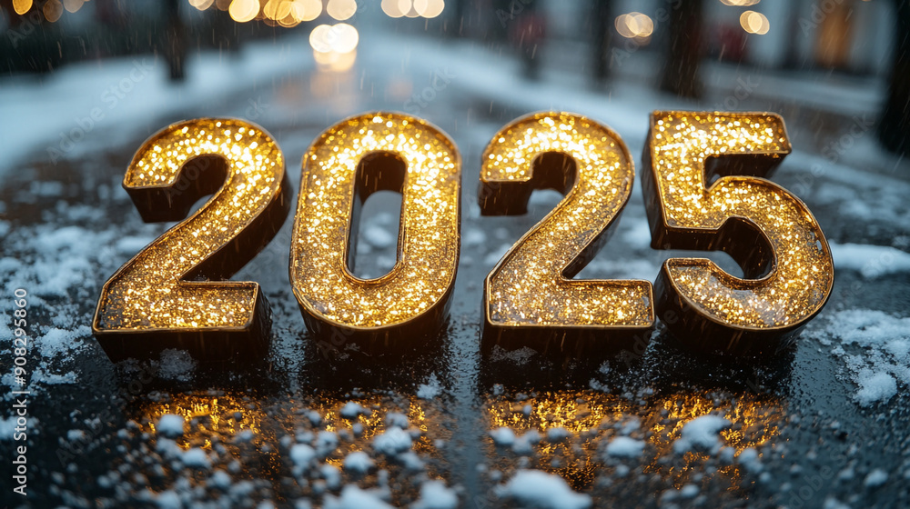 2025 in golden color on a Christmas background. 2025 in golden color on a Christmas background.