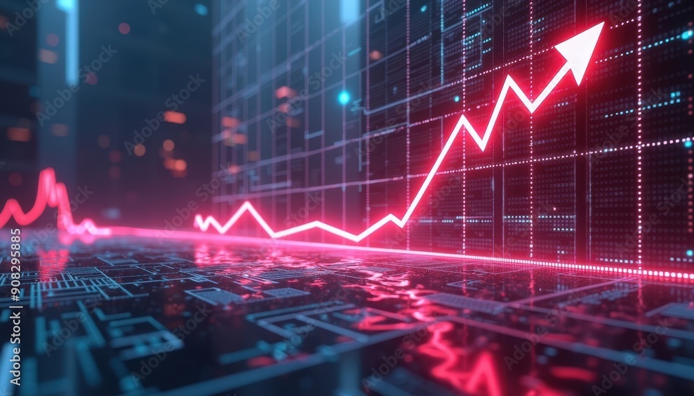 Red Upward Trend Arrow on a Futuristic Digital Screen. Red Upward Trend Arrow on a Futuristic Digital Screen.