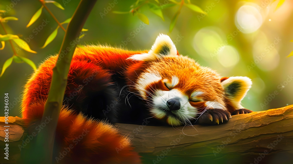 Closeup of a Cute and Fluffy Red Panda Sleeping Peacefully on a Tree Branch in a Lush Green Forest with Blurred Bokeh Background Adorable and Endangered Animal Resting in a Serene Natural Setting Closeup of a Cute and Fluffy Red Panda Sleeping Peacefully on a Tree Branch in a Lush Green Forest with Blurred Bokeh Background Adorable and Endangered Animal Resting in a Serene Natural Setting