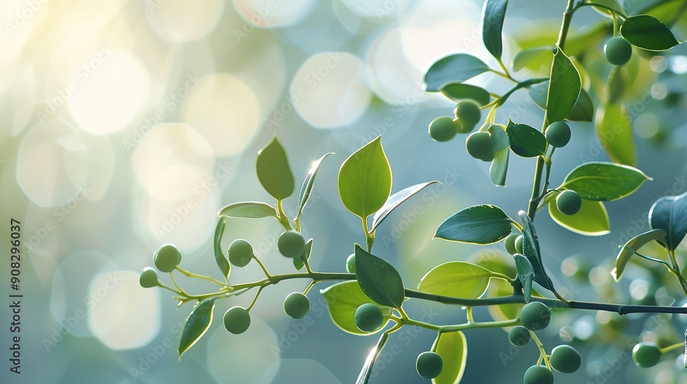 Festive Mistletoe Close-Up with Soft Natural Lighting and High Contrast Composition, Copy Space Available Festive Mistletoe Close-Up with Soft Natural Lighting and High Contrast Composition, Copy Space Available