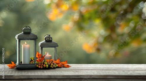 Cozy Autumn Vibes: Ornamental Lanterns and Fall Foliage on Wooden Table with Warmth of the Season