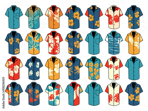 Set of 28 Hawaiian Shirt Vectors Isolated on White