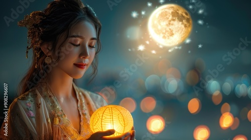 Enchanting celebration: mid-autumn festival, moon goddess Chang'e holding mooncakes against a moonlit sky, chinese lanterns, unity and abundance traditional festival honoring harvest, lunar deities photo