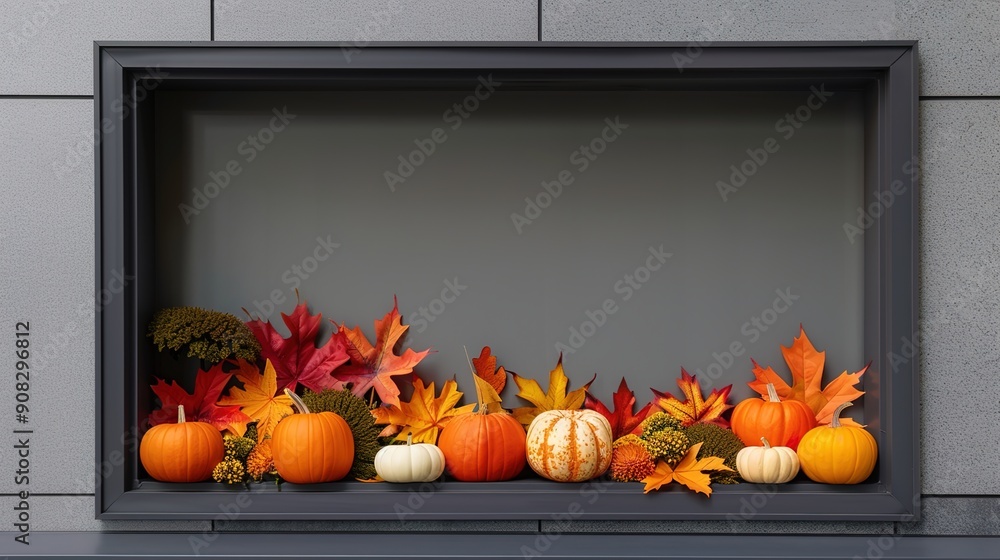 Obraz premium Vibrant Fall Window Decor with Pumpkins and Leaves, Inviting Seasonal Shopping Display