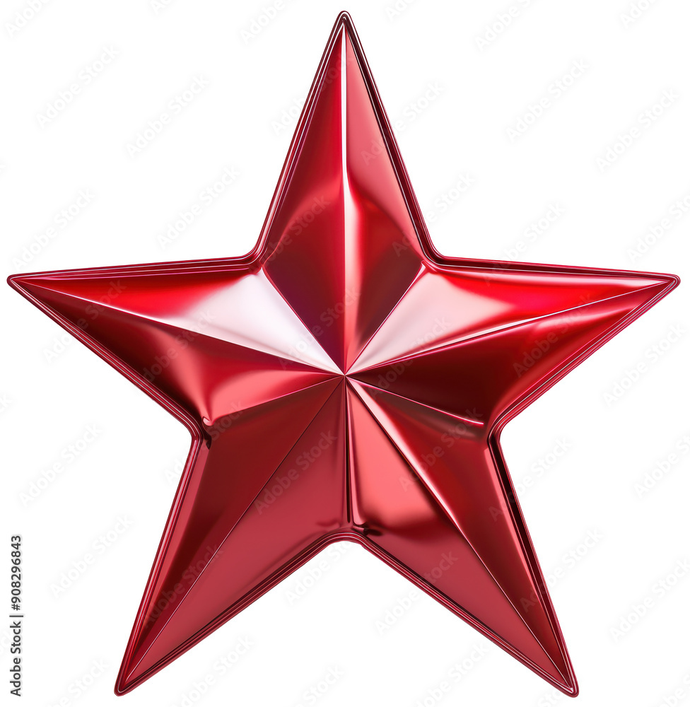 Red metallic five-pointed star on transparent background. Png file.
