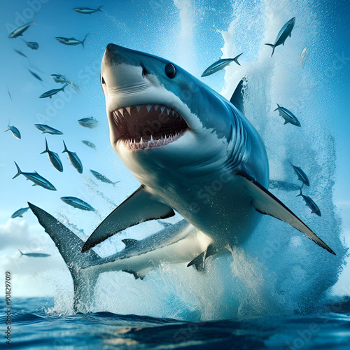 Shortfin Mako, Blue Pointer, Bonito Mackerel Predatory Shark Jumping out of the Water Showing Teeth and Pointed Snout Tropical Temperate Ocean Sea. One of the Fastest Creatures on Earth