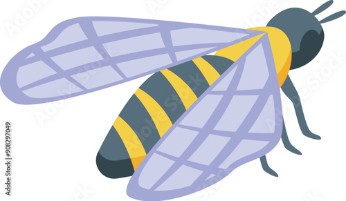 Honey bee with striped body and transparent wings flying