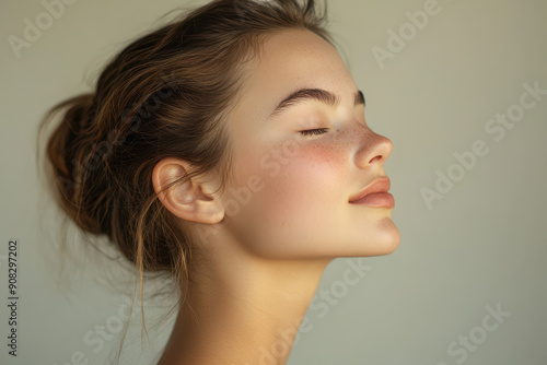 A close up of a girl's face with her eyes closed