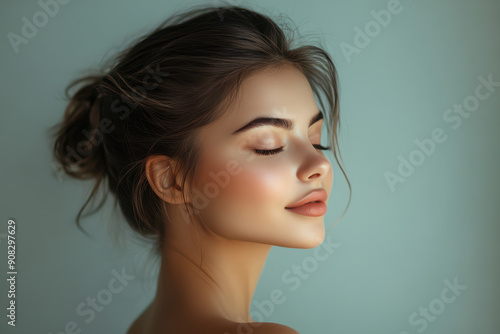 A close up of a girl's face with her eyes closed