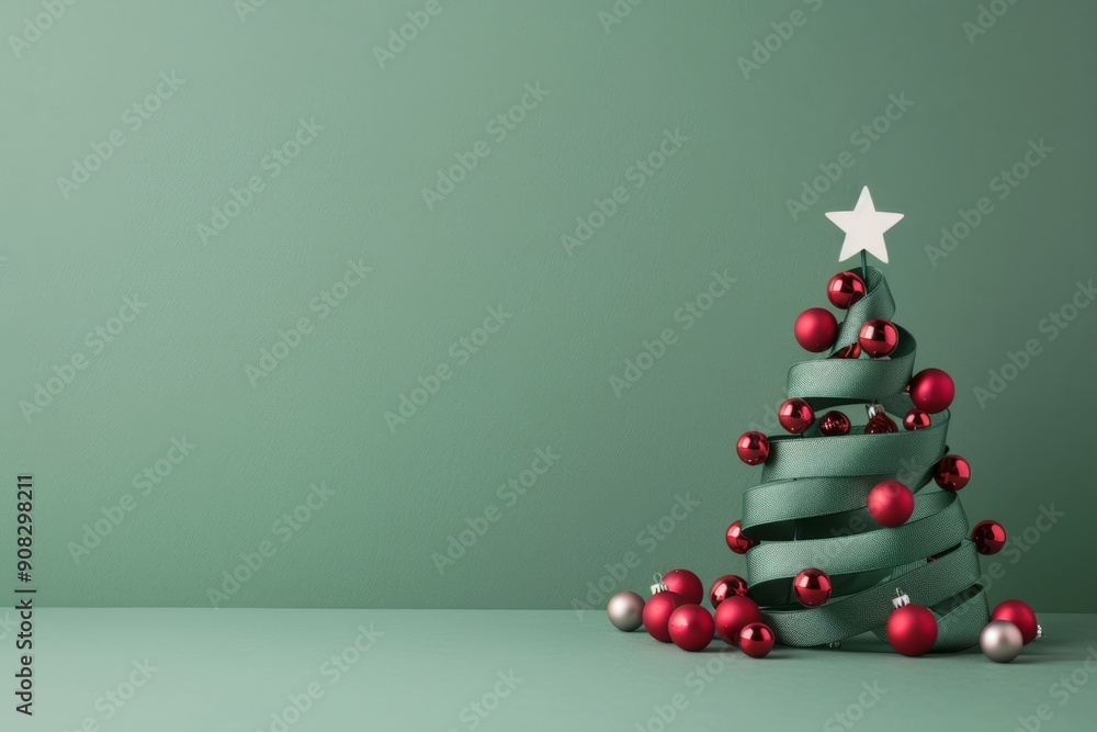 Minimalist Christmas Tree Made of Green Ribbon and Ornaments 3 Minimalist Christmas Tree Made of Green Ribbon and Ornaments 3