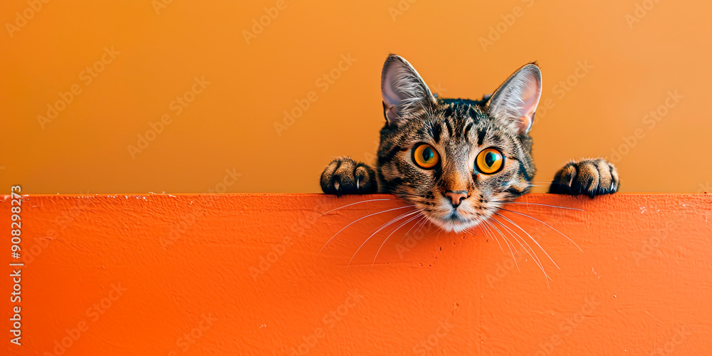 A cat is looking at the camera from behind a wall A cat is looking at the camera from behind a wall