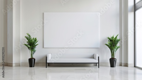 Office lobby background with a large blank banner hanging, room for text