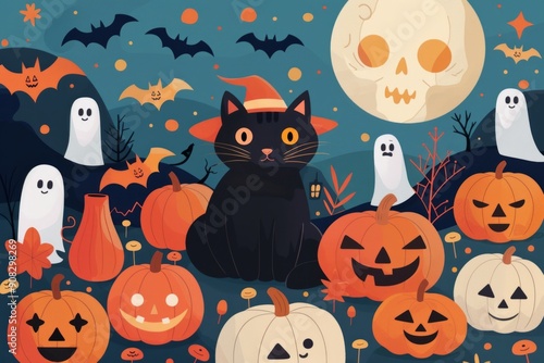 Halloween Illustration with Black Cat and Pumpkins 1