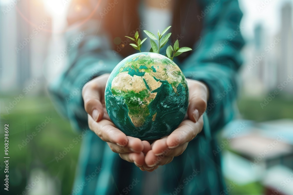 Hands holding a globe with green shoots. Image depicts care and responsibility for the environment. Hands holding a globe with green shoots. Image depicts care and responsibility for the environment.