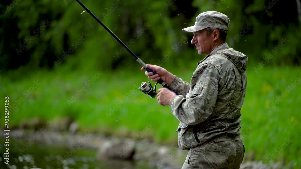 A fisherman among mosquitoes catches fish in a river in the forest A fisherman among mosquitoes catches fish in a river in the forest