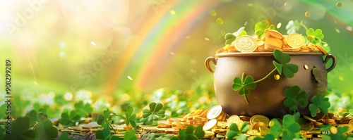 Wallpaper Mural Banner with Pot of gold coins, clover leaves and rainbow. St. Patrick's day concept Torontodigital.ca