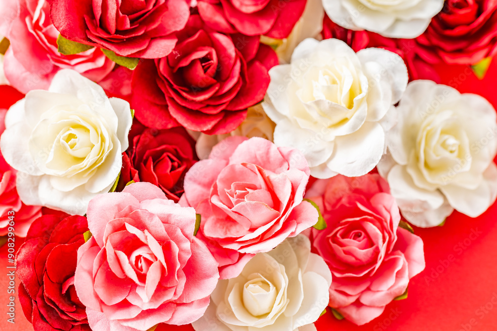 Pink, red and white artificial roses.
Image of rose flowers. Pink, red and white artificial roses.
Image of rose flowers.