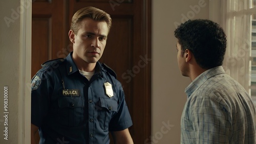 Portrait of a young police man officer talking photo