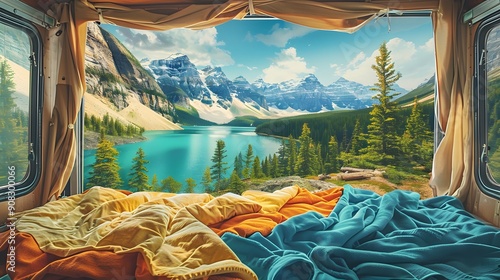 A cozy bedroom with a view of a serene lake and mountains, sunlight streaming in, inviting relaxation.