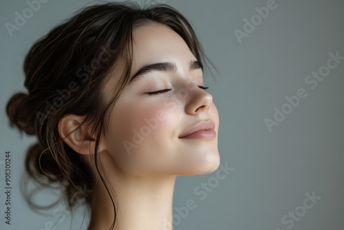 A close up of a girl's face with her eyes closed