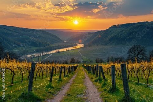 Sunset over a vineyard valley. Perfect for travel, wine, and nature themes. photo