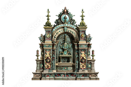 A large, ornate building with a statue of a woman in the center