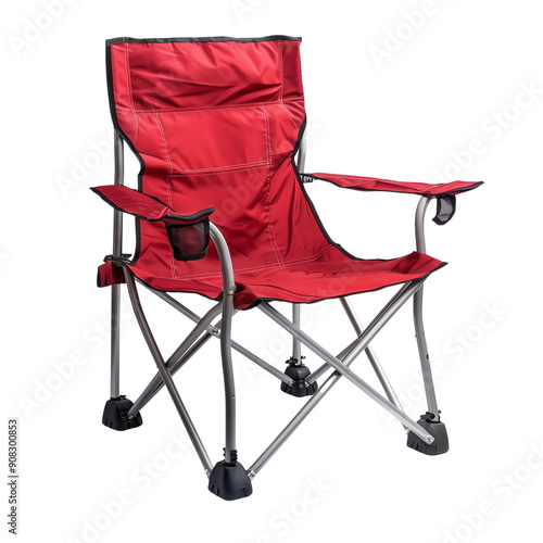 Red folding camping chair with cup holder, ideal for outdoor activities like picnics, sports events, and backyard lounging.