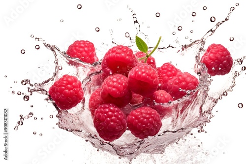 Fresh Raspberry and splash of water on white background